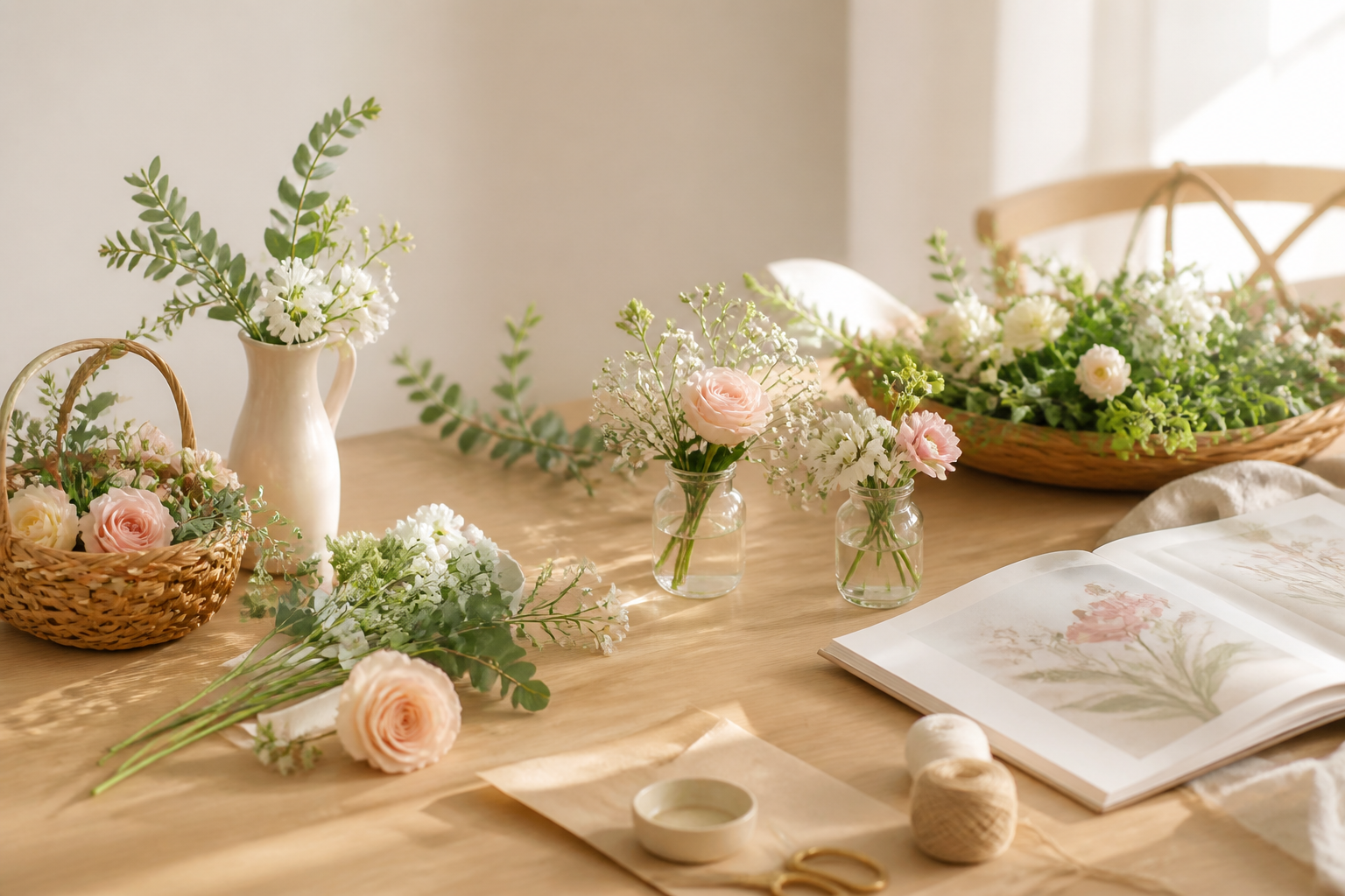 花育や親子レッスンをイメージした花材の準備風景