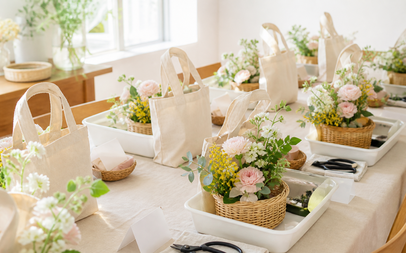 施設や団体へ届ける出張講座用の複数の花材キット